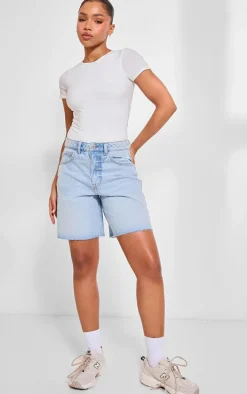 PRETTYLITTLETHING Light Blue Wash Raw Hem Longline Loose Fit Denim Shorts