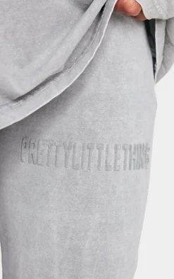 PRETTYLITTLETHING Light Grey Embossed Logo Washed Skinny Flare Pants