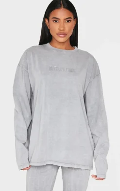 PRETTYLITTLETHING Light Grey Embossed Logo Washed Long Sleeve T-shirt