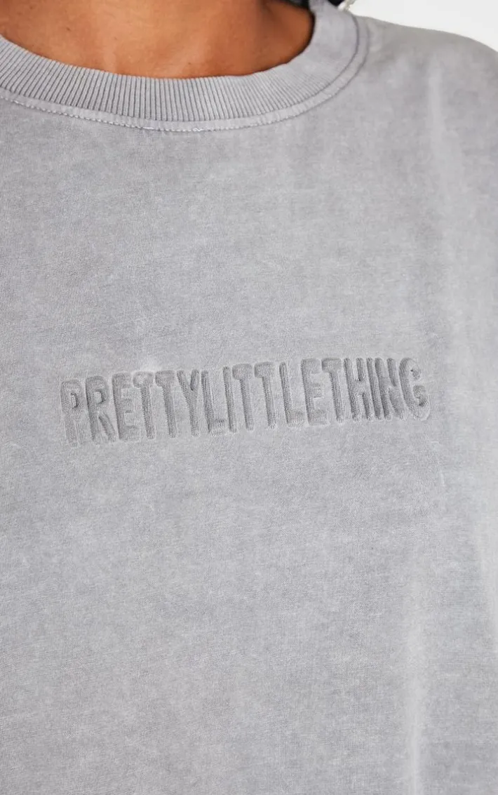 PRETTYLITTLETHING Light Grey Embossed Logo Washed Long Sleeve T-shirt