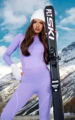 PRETTYLITTLETHING Lilac Ski Seamless Contrast Seam Bodysuit & Leggings Set