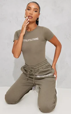 PRETTYLITTLETHING Logo Sage Khaki Short Sleeve Bodysuit