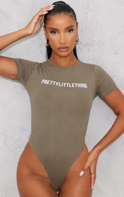 PRETTYLITTLETHING Logo Sage Khaki Short Sleeve Bodysuit