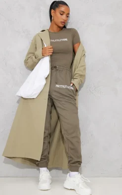 PRETTYLITTLETHING Logo Sage Khaki Short Sleeve Bodysuit