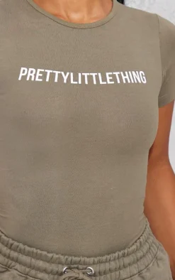 PRETTYLITTLETHING Logo Sage Khaki Short Sleeve Bodysuit