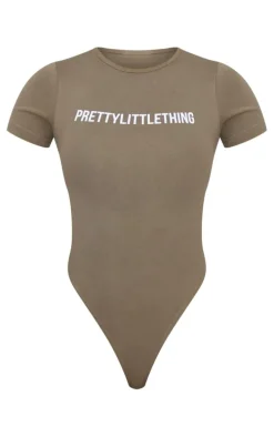 PRETTYLITTLETHING Logo Sage Khaki Short Sleeve Bodysuit