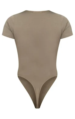 PRETTYLITTLETHING Logo Sage Khaki Short Sleeve Bodysuit