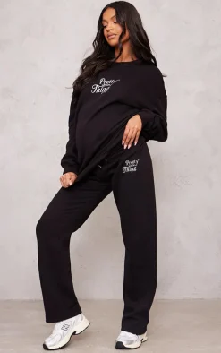 PRETTYLITTLETHING Maternity Black Embroidered Wide Leg Sweatpants