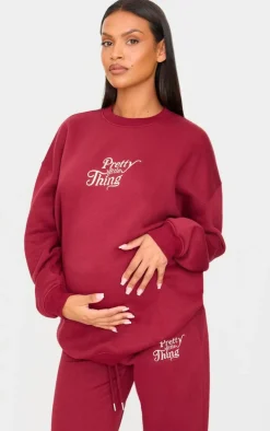 PRETTYLITTLETHING Maternity Burgundy Embroidered Oversized Sweatshirt