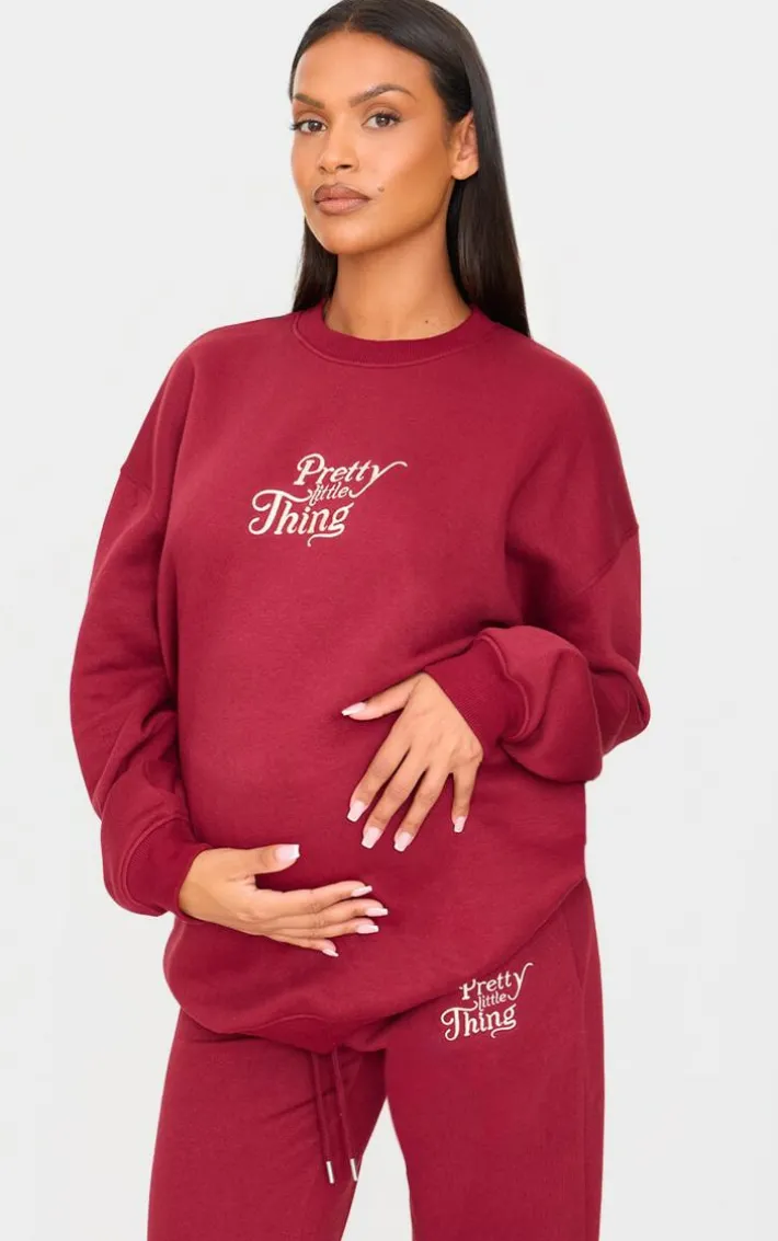 PRETTYLITTLETHING Maternity Burgundy Embroidered Oversized Sweatshirt