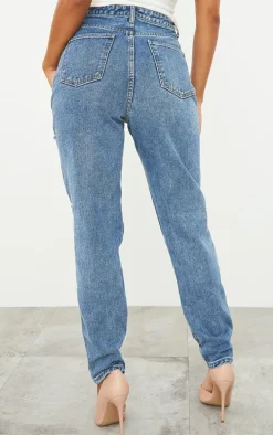 PRETTYLITTLETHING Mid Blue Ripped Mom Jeans