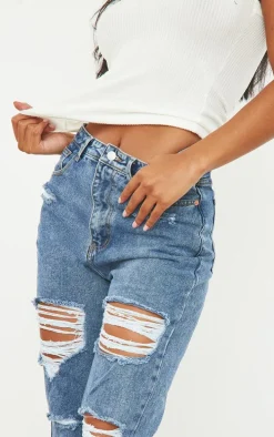PRETTYLITTLETHING Mid Blue Ripped Mom Jeans