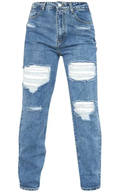 PRETTYLITTLETHING Mid Blue Ripped Mom Jeans