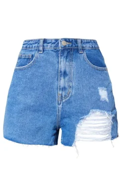 PRETTYLITTLETHING Mid Blue Wash Ripped Denim Mom Shorts