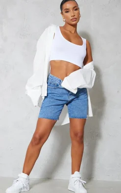 PRETTYLITTLETHING Mid Blue Wash Longline Fitted Denim Shorts