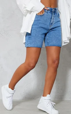 PRETTYLITTLETHING Mid Blue Wash Longline Fitted Denim Shorts