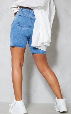 PRETTYLITTLETHING Mid Blue Wash Longline Fitted Denim Shorts