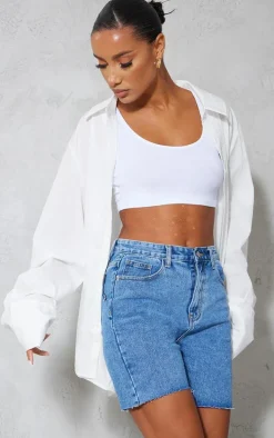 PRETTYLITTLETHING Mid Blue Wash Longline Fitted Denim Shorts