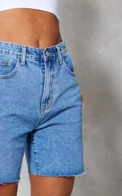 PRETTYLITTLETHING Mid Blue Wash Longline Fitted Denim Shorts