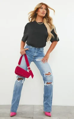 PRETTYLITTLETHING Mid Blue Wash Ripped Long Leg Straight Jeans
