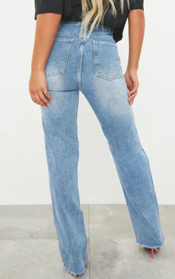 PRETTYLITTLETHING Mid Blue Wash Ripped Long Leg Straight Jeans