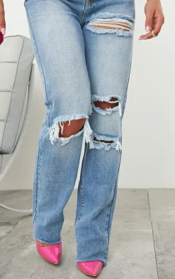 PRETTYLITTLETHING Mid Blue Wash Ripped Long Leg Straight Jeans