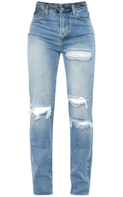 PRETTYLITTLETHING Mid Blue Wash Ripped Long Leg Straight Jeans