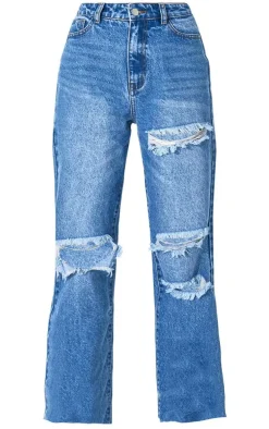PRETTYLITTLETHING Mid Blue Wash Ripped Long Leg Straight Jeans