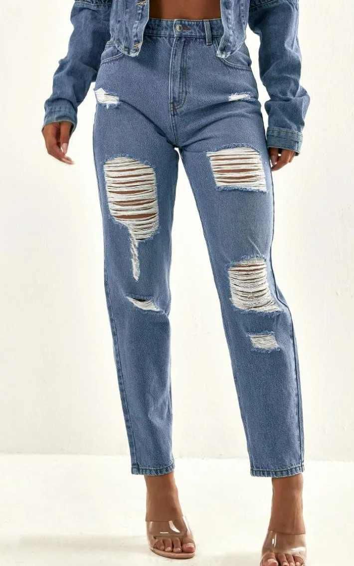PRETTYLITTLETHING Mid Blue Wash Distressed Mom Jeans
