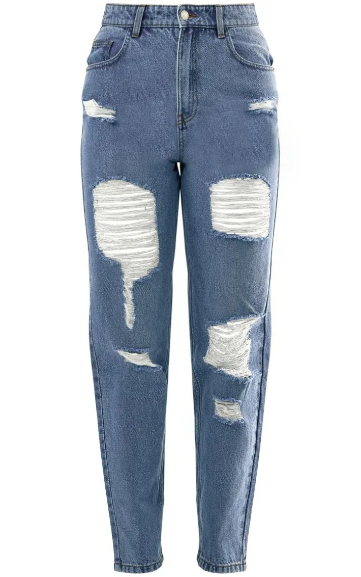 PRETTYLITTLETHING Mid Blue Wash Distressed Mom Jeans