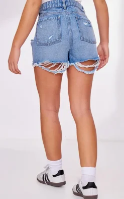 PRETTYLITTLETHING Mid Blue Wash Distressed High Rise Basic Denim Shorts