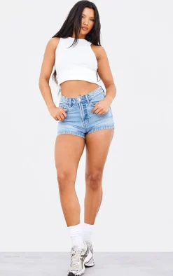 PRETTYLITTLETHING Mid Blue Wash Basic Denim Shorts