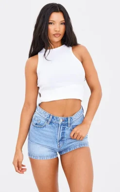 PRETTYLITTLETHING Mid Blue Wash Basic Denim Shorts
