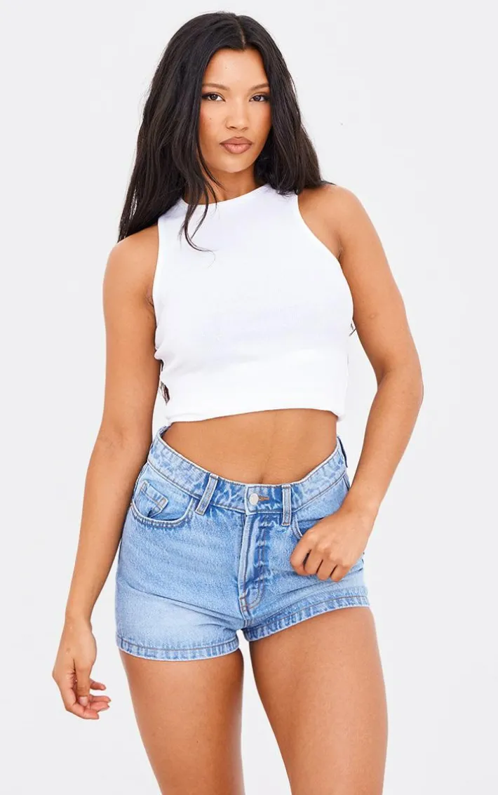 PRETTYLITTLETHING Mid Blue Wash Basic Denim Shorts