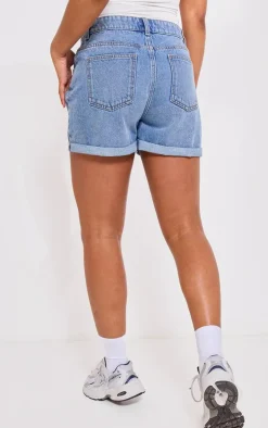 PRETTYLITTLETHING Mid Blue Wash Turn Up Mom Denim Shorts