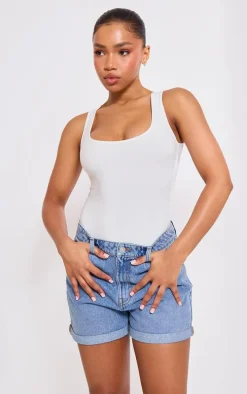 PRETTYLITTLETHING Mid Blue Wash Turn Up Mom Denim Shorts