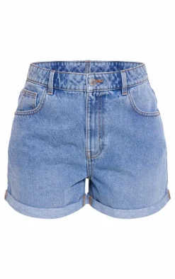 PRETTYLITTLETHING Mid Blue Wash Turn Up Mom Denim Shorts