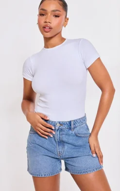 PRETTYLITTLETHING Mid Blue Wash Mom Denim Shorts