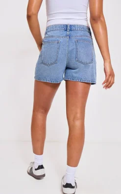 PRETTYLITTLETHING Mid Blue Wash Mom Denim Shorts