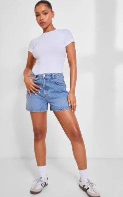 PRETTYLITTLETHING Mid Blue Wash Mom Denim Shorts