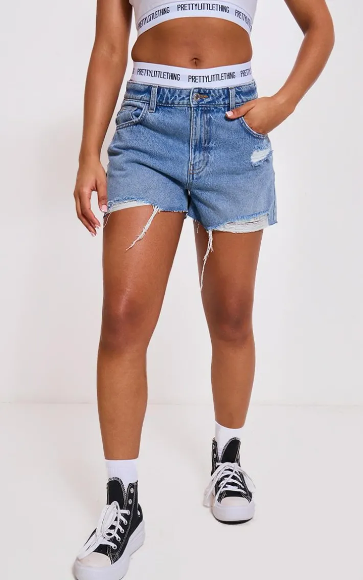 PRETTYLITTLETHING Mid Blue Wash Distressed High Rise Mom Denim Shorts