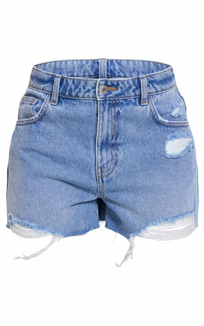 PRETTYLITTLETHING Mid Blue Wash Distressed High Rise Mom Denim Shorts