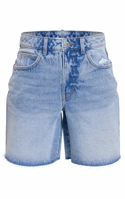 PRETTYLITTLETHING Mid Blue Wash Raw Hem Longline Loose Fit Denim Shorts