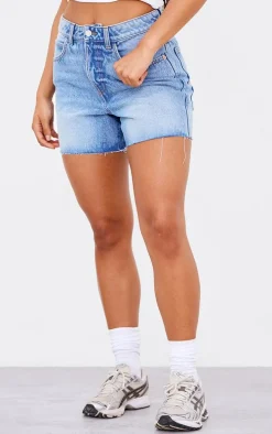 PRETTYLITTLETHING Mid Blue Wash Raw Hem Boyfriend Denim Shorts