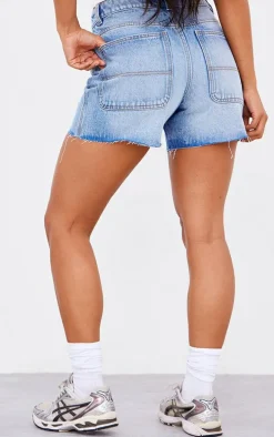 PRETTYLITTLETHING Mid Blue Wash Raw Hem Boyfriend Denim Shorts