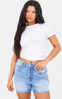 PRETTYLITTLETHING Mid Blue Wash Raw Hem Boyfriend Denim Shorts
