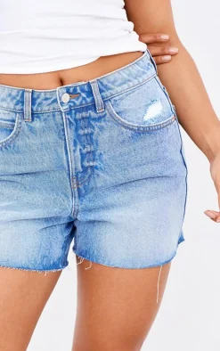 PRETTYLITTLETHING Mid Blue Wash Raw Hem Boyfriend Denim Shorts