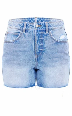 PRETTYLITTLETHING Mid Blue Wash Raw Hem Boyfriend Denim Shorts