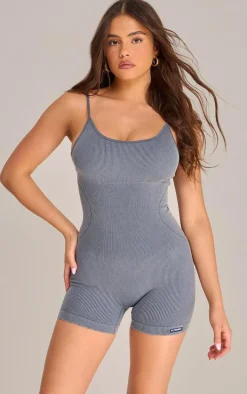 PRETTYLITTLETHING Midnight Blue Acid Wash Seamless Gym Unitard