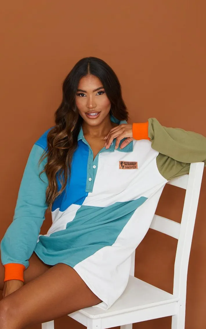 PRETTYLITTLETHING Mineral Blue Contrast Block Detail Sweatshirt Dress